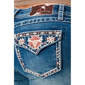 Grace in LA Women's Western Steerhead Embroidered Flap Pockets Bootcut Jeans